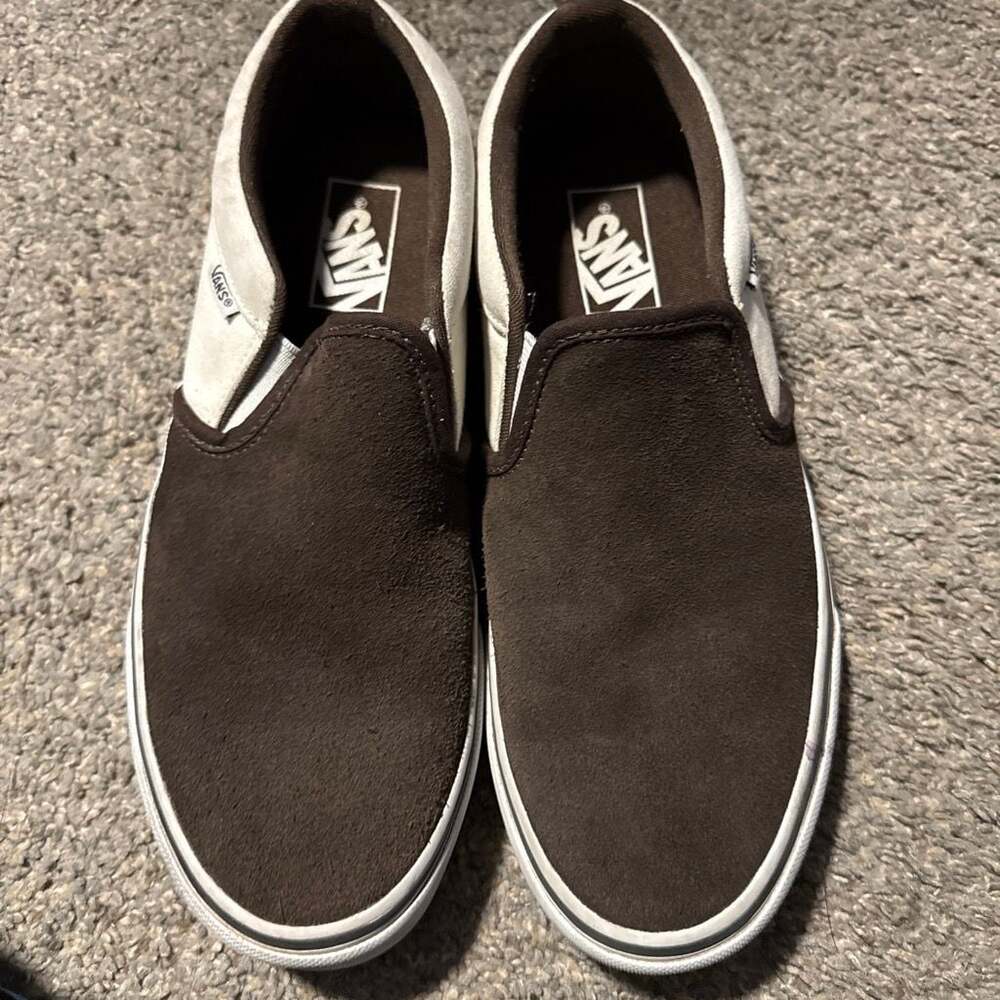 Vans Asher Deluxe Brown Suede Cream Slip On Skate Shoes 8.5